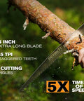 Folding Saw For Backpacking And Camping With A 14 Inch Blade cutting wood, showing SK5 Steel Teeth and 4 cutting angles.