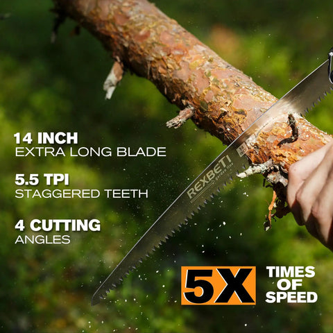 Folding Saw For Backpacking And Camping With A 14 Inch Blade cutting wood, showing SK5 Steel Teeth and 4 cutting angles.