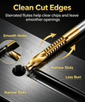 Close-up of a Six Piece HSS Twist Drill Bit Set Titanium Coated showcasing clean cut edges for woodworking and metals.