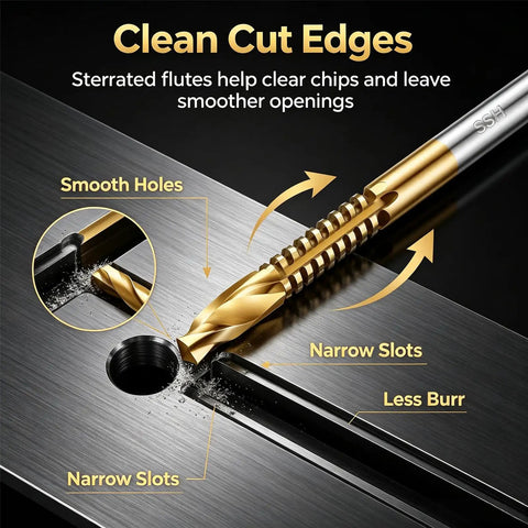 Close-up of a Six Piece HSS Twist Drill Bit Set Titanium Coated showcasing clean cut edges for woodworking and metals.