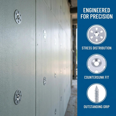 Heavy Duty Metal Washers For Foam Board Insulation Kit With Screws 1.4 Inch Diameter Silver That Help Prevent Cracking And Wall Stress In Partition Installations With Load Spreading Foam Panel Washers For A Tight Secure Fix Built To Last. foam board wall panel with silver washers