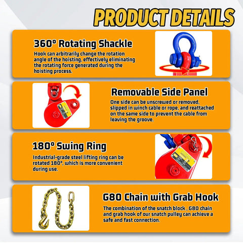 Beefed Up Snatch Block With Chain 2 Ton WLL Heavy Duty Snatch Block Pulley For Three Eighth Inch Wire Rope Towing And Recovery For Rollback Wrecker Car Carrier Tow Truck Accessories, 360° swivel shackle and chain