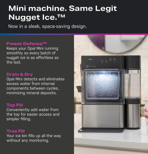 No Cap Portable Nugget Ice Maker Countertop Machine produces chewy pebble ice in sleek design with top fill feature.