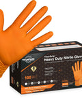 Front view of orange TitanFlex heavy-duty nitrile glove worn on a hand; 100-count box, size XL, raised diamond texture.