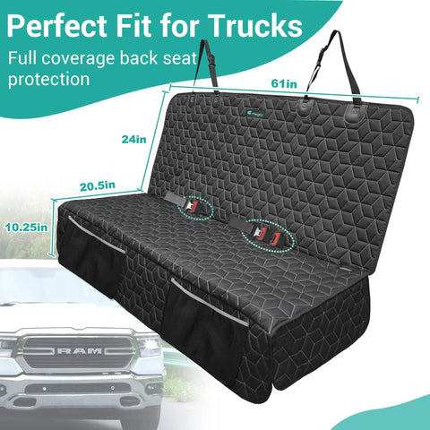 Waterproof Dog Car Seat Cover For Back Seat In Trucks Nonslip Bench Protector shown in Ram 1500 with dimensions
