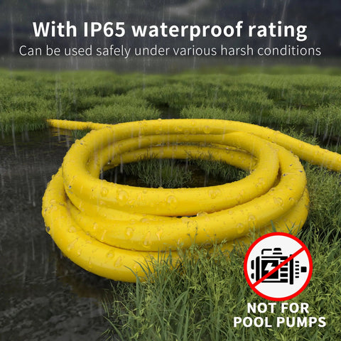Beefy Heavy Duty Outdoor Extension Cord 75 Ft 12 Gauge 3 Conductor 15 Amp 1875 Watt Waterproof With Lighted End coiled on wet grass