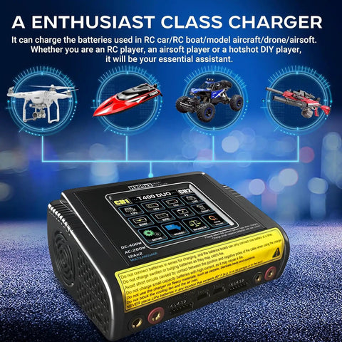 Dual Channel RC Lipo Battery Charger With Touchscreen LCD Display For RC Hobbyists 200W AC 400W DC Output 12A Per Channel Fast Charge Smart Balance Charger For LiPo LiHV Life Pb NiCd NiMH 1S To 6S Batteries