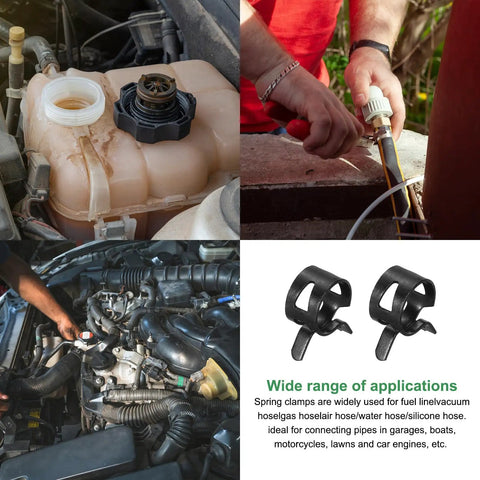 Collage showing uses of 20 Piece Fuel Line Clamps Set For Automotive Hoses in various mechanical tasks.
