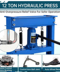 12 Ton Hydraulic H Frame Shop Press With Dual Press Plates, blue, anti-overpressure relief valve, for automotive and metal fabrication.