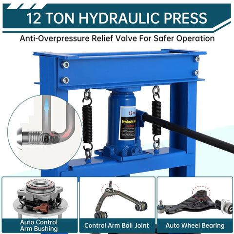 12 Ton Hydraulic H Frame Shop Press With Dual Press Plates, blue, anti-overpressure relief valve, for automotive and metal fabrication.