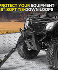 4 Piece Ratchet Strap Tie Down Kit With Beefy Padded Handles Coated S Hooks And Safety Clips securing ATV with soft loops