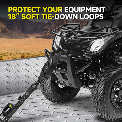 4 Piece Ratchet Strap Tie Down Kit With Beefy Padded Handles Coated S Hooks And Safety Clips securing ATV with soft loops