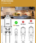 Comparison of G4 Base Halogen Bulbs 12V 20W with G8 and G9 bases, showing dimensions and fit in kitchen.
