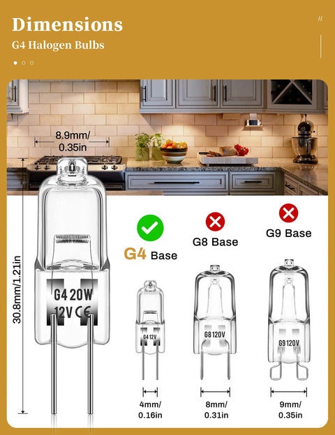 Comparison of G4 Base Halogen Bulbs 12V 20W with G8 and G9 bases, showing dimensions and fit in kitchen.