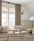 Farmhouse Tan Brown Linen Curtains 102 Inches Long 2 Panels in living room with furniture, light filtering, rustic decor style.
