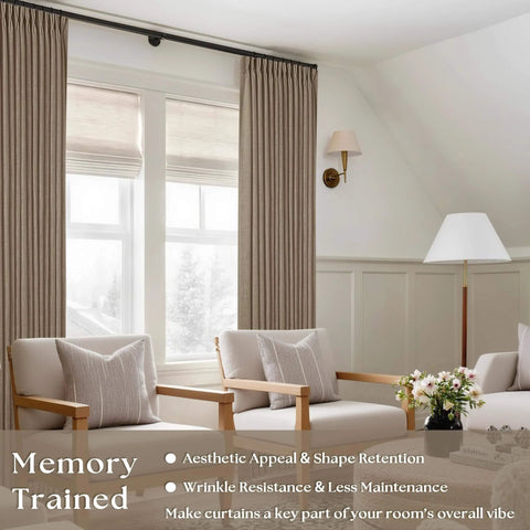 Farmhouse Tan Brown Linen Curtains 102 Inches Long 2 Panels in living room with furniture, light filtering, rustic decor style.