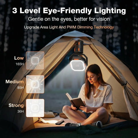 Portable Camping Fan With Adjustable Height Stand 20000mAh Rechargeable Battery Remote LED Light hung in tent