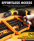 63-Piece Impact Driver Bit Set With S2 Steel, Color-Coded Torx Bits, Magnetizer And Magnetic Bit Holder shown with drill