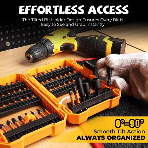 63-Piece Impact Driver Bit Set With S2 Steel, Color-Coded Torx Bits, Magnetizer And Magnetic Bit Holder shown with drill