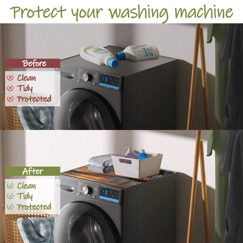 Before and after image of Washer And Dryer Top Cover Non Slip Dust Proof Protector showing cleanliness improvement on a machine.