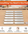 12 Pack No Drill Magnetic Cabinet Door Catch Set on table, ultra thin adhesive latches displayed, stainless steel, easy install.
