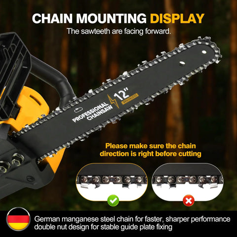 Close-up of 12 Inch Brushless Cordless Chainsaw Tool Only For 20V 60V Battery Systems showcasing chain direction and German manganese chain.
