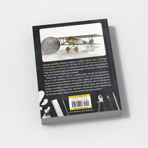 Back cover of book 'Hands On Scratchbuilding World War I Aircraft In 1 144 Scale A Practical Guide For Diehard Modelers Featuring Nitty Gritty Plans And Tips For The Royal Aircraft Factory FE 2B Airco DH 2 Pfalz D III For Builders Everywhere' showing plane model and silver coin graphics.
