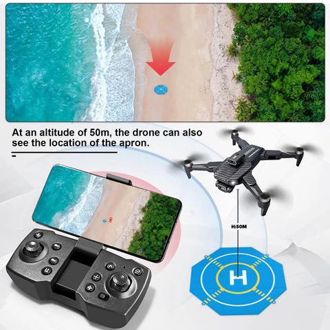 Drone controller with beach view on screen, next to the On The Go Foldable Night Vision Drone Landing Pad 20 Inch Double Sided Waterproof Helipad