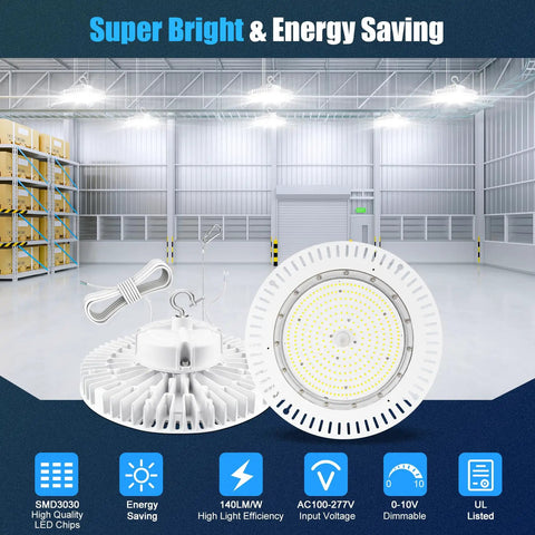 200W High Bay LED Light UFO Style 0-10V Dimmable 29,000 Lumen Output 5000K Daylight IP65 UL Listed 6ft Cable image and features