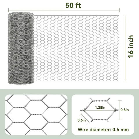 Chicken Wire Fencing Hex Mesh Roll 16 Inch By 50 Foot Galvanized Poultry Netting dimensions and wire structure