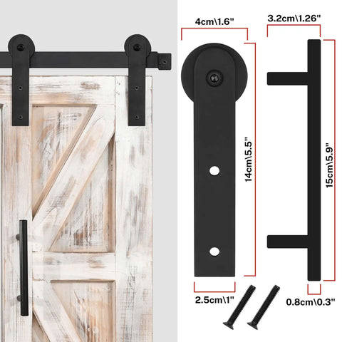 Rustic white farmhouse barn door hardware kit with dimensions, featuring metal brackets for 37x26 inch mirror wall decor.