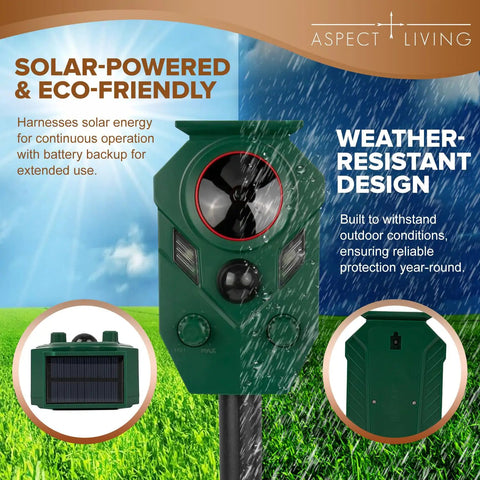 Two Pack Solar Ultrasonic Animal Repellers With Motion Sensor For Outdoor Yards And Gardens, green weather-resistant unit