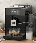 Top Notch Automatic Espresso And Coffee Machine With Built In Grinder And Smart Touchscreen brewing espresso into two glasses.
