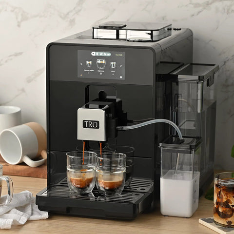 Top Notch Automatic Espresso And Coffee Machine With Built In Grinder And Smart Touchscreen brewing espresso into two glasses.