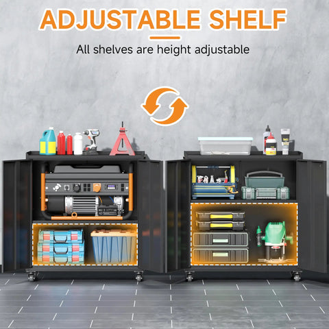 Durable Heavy Duty 34 Inch Steel Garage Storage Cabinet Featuring Smooth Roll Caster Wheels And Adjustable Shelf Layouts For Secure Locking And Shop Grade Black Tool Storage