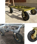 Beefed Up Heavy Duty Caster Wheels For Carts And Workbenches Top Plate Swivel, gold and black, attached to a metal frame on outdoor surface.