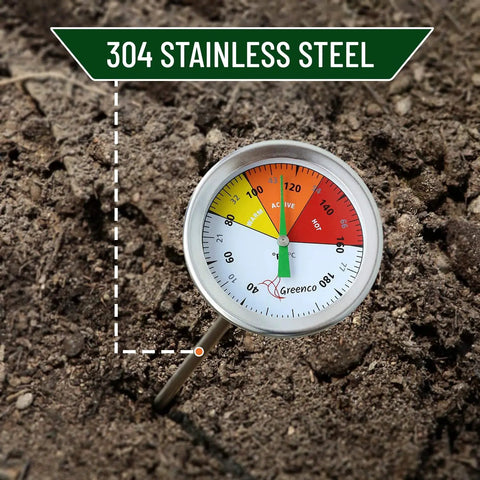 Durable 20 Inch Compost Soil Thermometer With Stainless Steel Stem Dual Celsius And Fahrenheit Dial Clear Color Coded Temperature Ranges Heavy Duty Garden Tool For Accurate In Soil Readings in compost soil