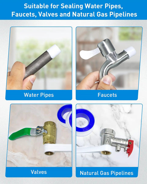 Person using Plumbers Teflon Tape 3 Roll Pack No Leak Seal For Water Pipes And Plumbing Pro Grade High Density Tape on various fittings.