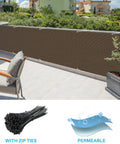 Outdoor Balcony Privacy Screen 2.5 Ft By 15 Ft Railing Cover with 30 Inch Mesh Panels and Zip Ties installed on a balcony, brown