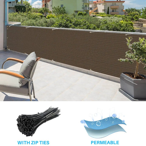 Outdoor Balcony Privacy Screen 2.5 Ft By 15 Ft Railing Cover with 30 Inch Mesh Panels and Zip Ties installed on a balcony, brown