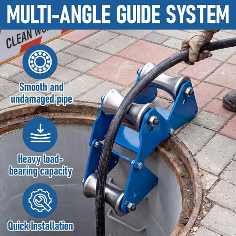 Boss Level Heavy Duty Cable Pulling Sheave With Multi Size Grip Pulley Ensures Smooth Wire Feeding Every Time For Confined Trenches And High Voltage Tunnel Routing Tasks On Site, shown with multi-angle guide system and cable.