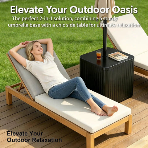 2-In-1 Umbrella Base And Side Table For Outdoor Patio, 16.54 Inch, shown with sun lounger by pool deck, ideal for gardens
