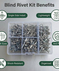630-Piece Pop Rivets Assortment Kit With Aluminum Blind Rivets And Steel Mandrel in clear case, benefits listed