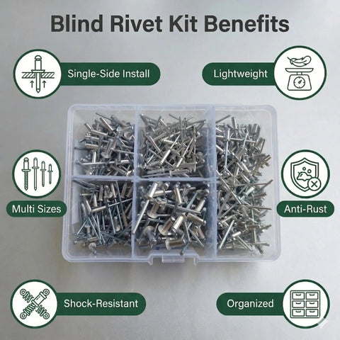 630-Piece Pop Rivets Assortment Kit With Aluminum Blind Rivets And Steel Mandrel in clear case, benefits listed