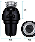 Designer Series 1-1/4 HP Food Waste Disposer dimensions and brushed nickel flange, top and side view with measurements