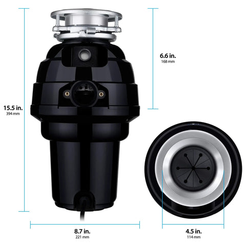 Designer Series 1-1/4 HP Food Waste Disposer dimensions and brushed nickel flange, top and side view with measurements