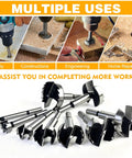 Real Deal Two Piece Three Quarter Inch Forstner Drill Bits Cut Smooth Flat Bottom Holes On Hard Or Soft Wood Without Ragged Edges Featuring A Rock Solid Three Eighth Inch Shank Made For Quick Heavy Duty Woodshop Work Any Maker Loves, multiple drill bits displayed.