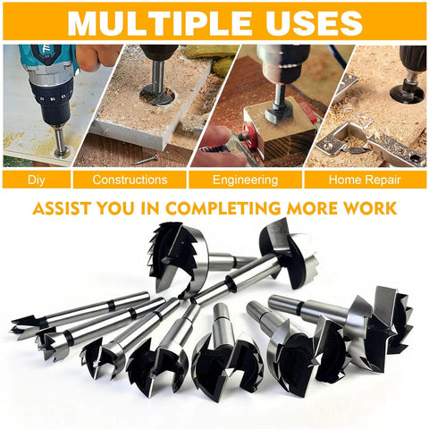 Real Deal Two Piece Three Quarter Inch Forstner Drill Bits Cut Smooth Flat Bottom Holes On Hard Or Soft Wood Without Ragged Edges Featuring A Rock Solid Three Eighth Inch Shank Made For Quick Heavy Duty Woodshop Work Any Maker Loves, multiple drill bits displayed.