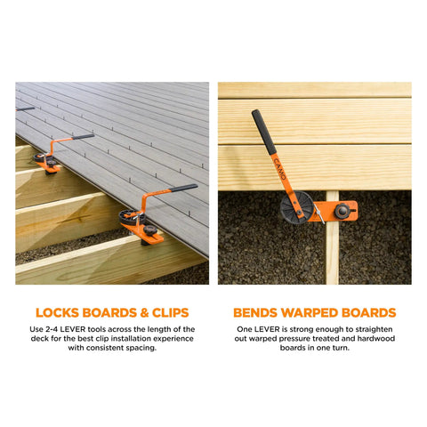 Heavy Duty Deck Board Straightener And Bow Clip Lever Tool To Kick Flexing Planks Right In Line And Bend Warped Pressure Treated Lumber For Fast Decks, shown in use on deck.