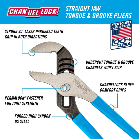 Versatile 10 Inch Tongue And Groove Pliers With Straight Jaw For Plumbing, Automotive And Home Repair with Permalock Joint